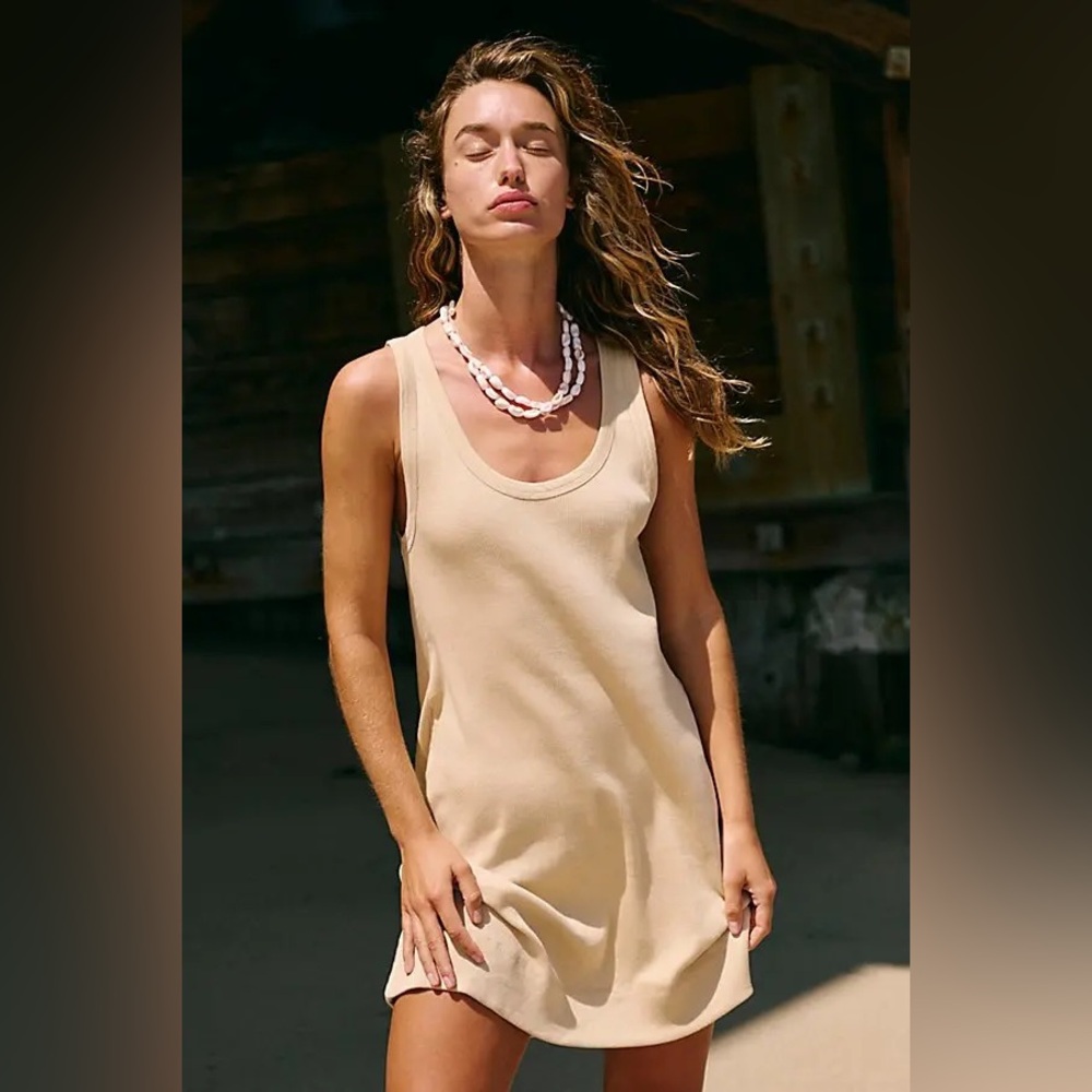 Free People Beach Tracey Ribbed Mini Dress beige medium NWT minimalist cover up